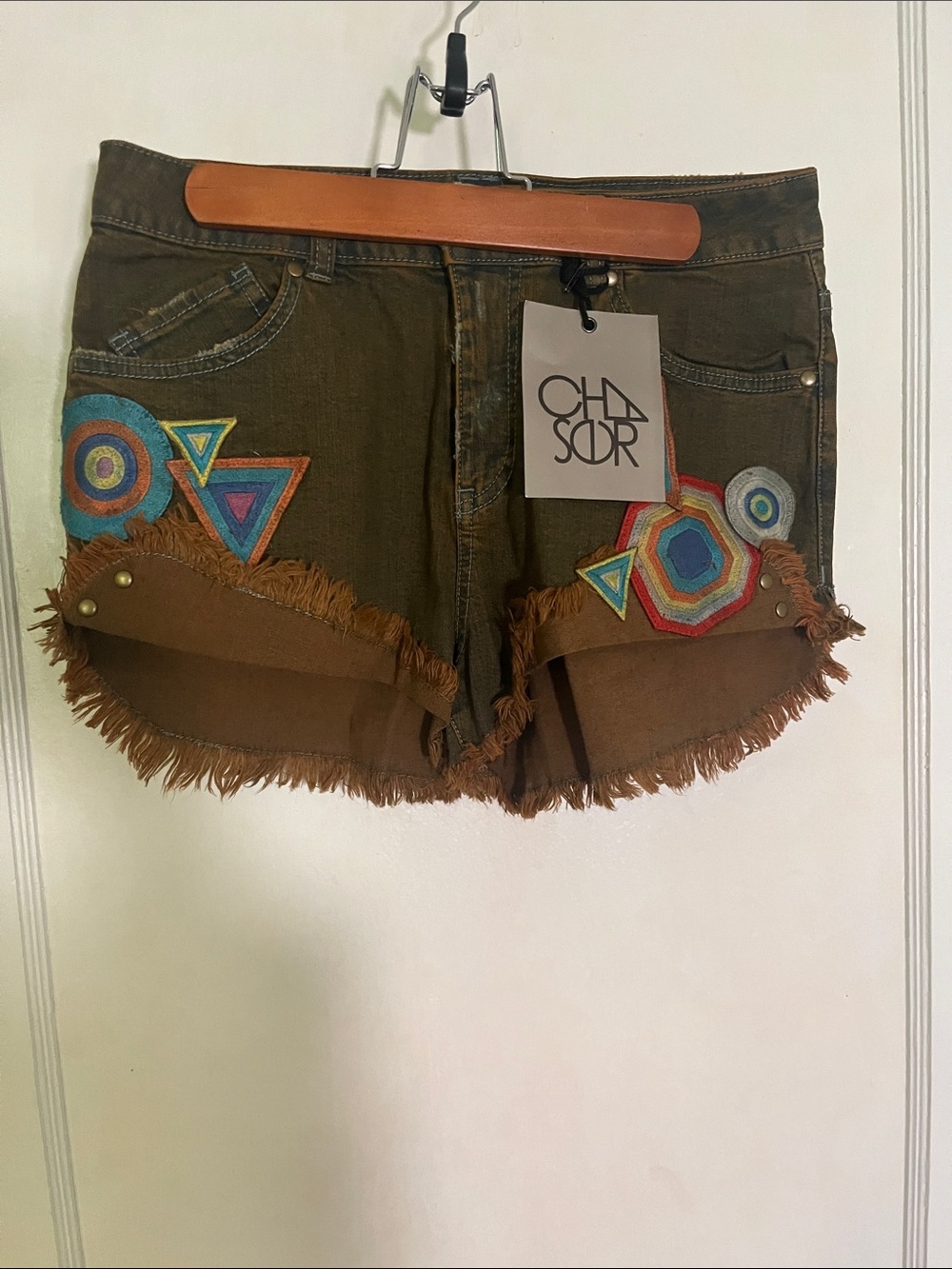Chaser Brown Frayed patchwork Shorts